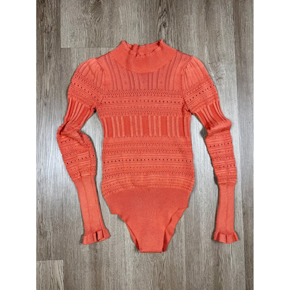 Free People Coral Pointelle Knit Mock Neck Long Sleeve Ruffle Cuff Bodysuit XS